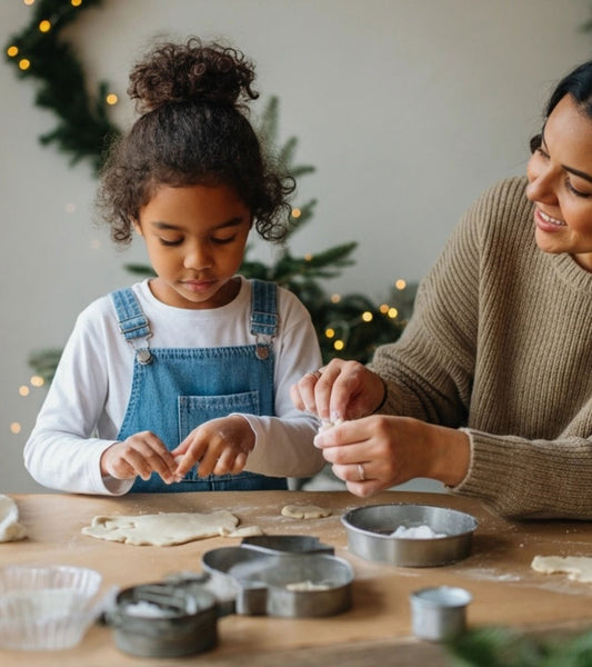 a black mom and daughter cutting out christmas crafts